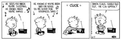 A Calvin and Hobbes strip ending with Santa Claus, kindly old elf or CIA spook?