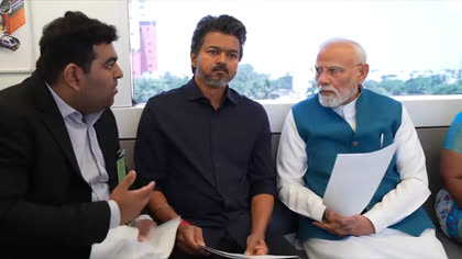 Tejas mid-sentence on a metro bench, with Hon'ble Chief Minister of Tamil Nadu Vijay beside him and Hon'ble Prime Minister of India Narendra Modi listening from the far end of the row