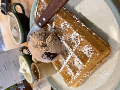 A waffle dusted with icing sugar under a scoop of chocolate ice cream