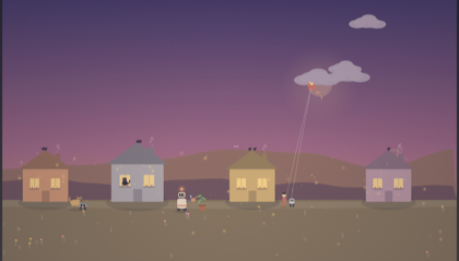 An illustration of houses at dusk with a small robot flying a kite, a cat watching from a window and a dog outside